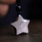Fortune Jewel Natural Silver Sheen Obsidian Star Crescent Moon Protection Necklace Pendant