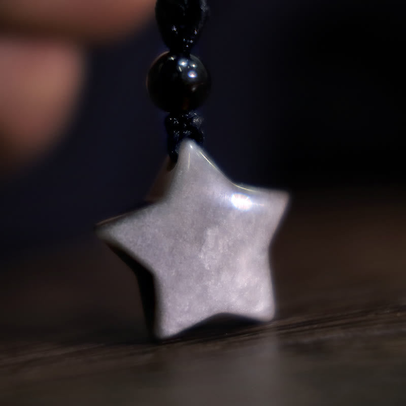 Fortune Jewel Natural Silver Sheen Obsidian Star Crescent Moon Protection Necklace Pendant