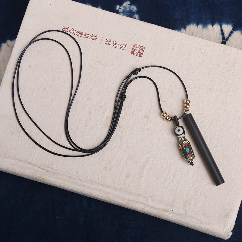 Fortune Jewel Tibetan Ebony Wood Dzi Bead Peace Calm Necklace Pendant