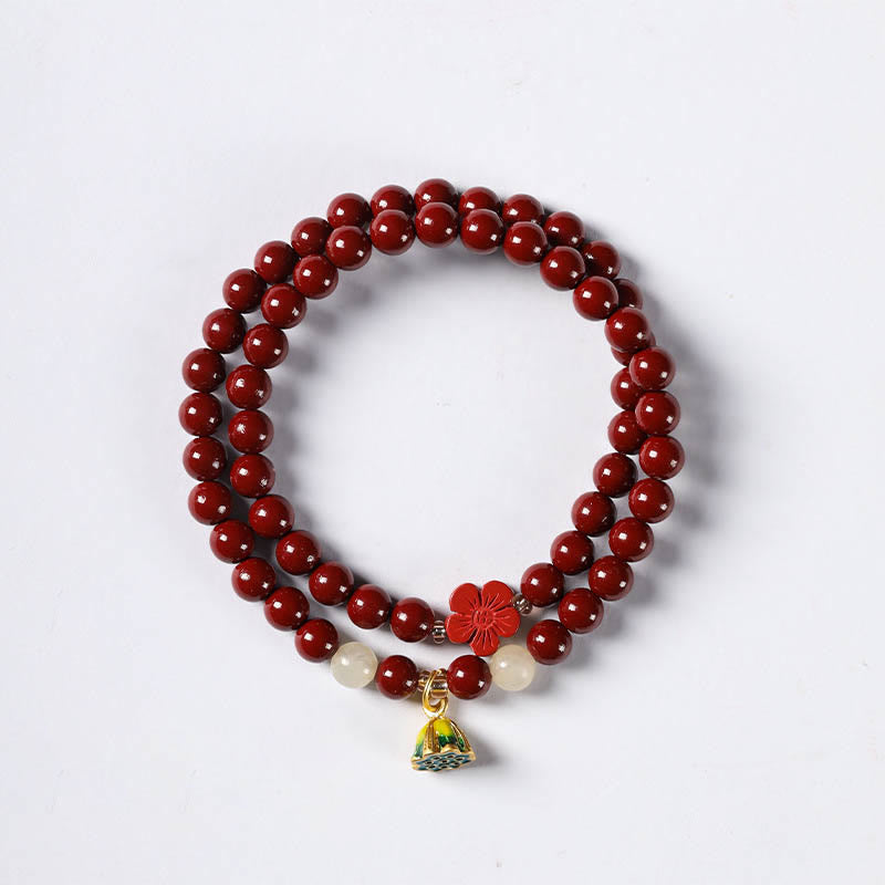 Fortune Jewel Cinnabar Lotus Charm Double Wrap Blessing Bracelet