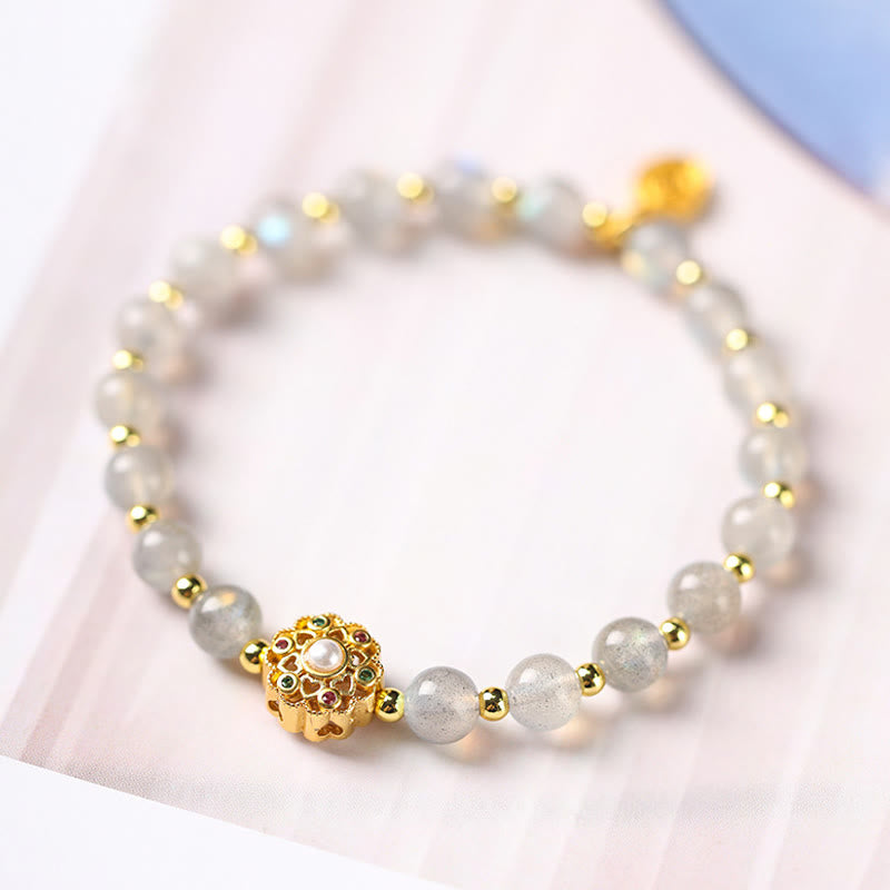 Fortune Jewel 14K Gold Plated Natural Strawberry Quartz Labradorite Sun Stone Fu Character Positive Charm Bracelet