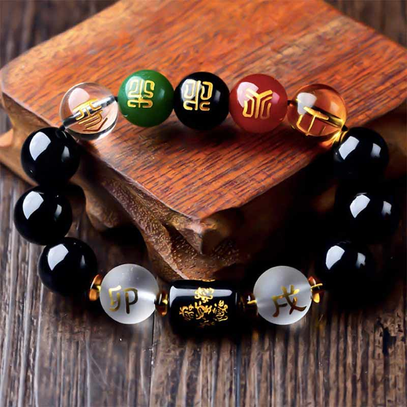Fortune Jewel Chinese Zodiac Feng Shui Obsidian Five-Element Wealth Porsperity Bracelet