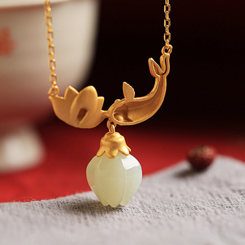 Fortune Jewel White Jade Koi Fish Lotus Copper Protection Necklace Pendant Fortune Jewel