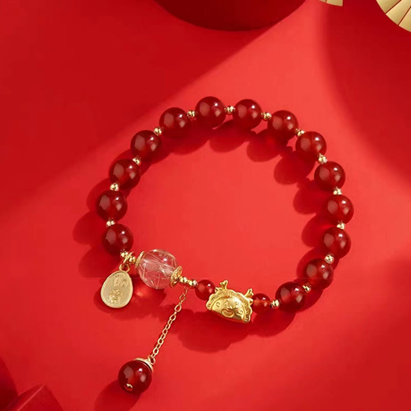 Fortune Jewel Year of the Dragon Dumpling Natural Red Agate Garnet Hetian Jade Fu Character Luck Success Bracelet