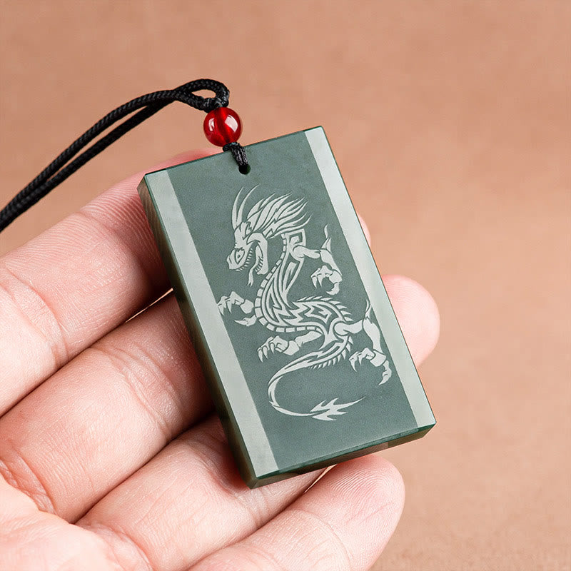 Fortune Jewel Hetian Cyan Jade Dragon Engraved Success Necklace Pendant Fortune Jewel