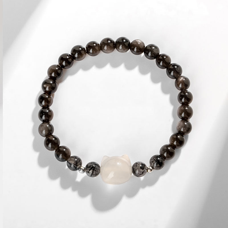 Fortune Jewel Natural Silver Sheen Obsidian Cute Cat Head Protection Bracelet