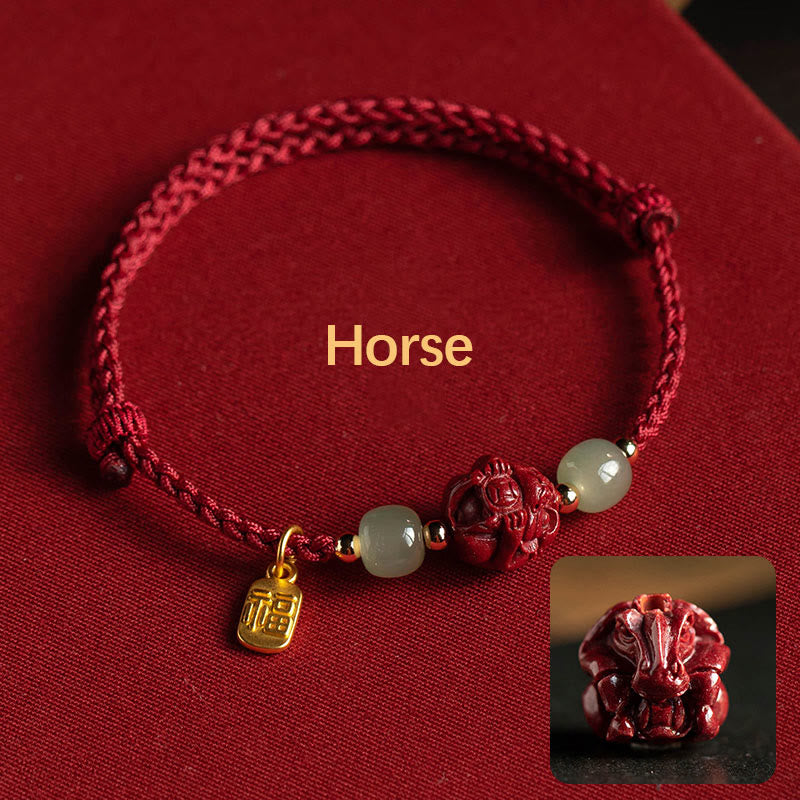 Fortune Jewel Natural Cinnabar Chinese Zodiac Hetian Jade Fu Character Luck Rope Bracelet