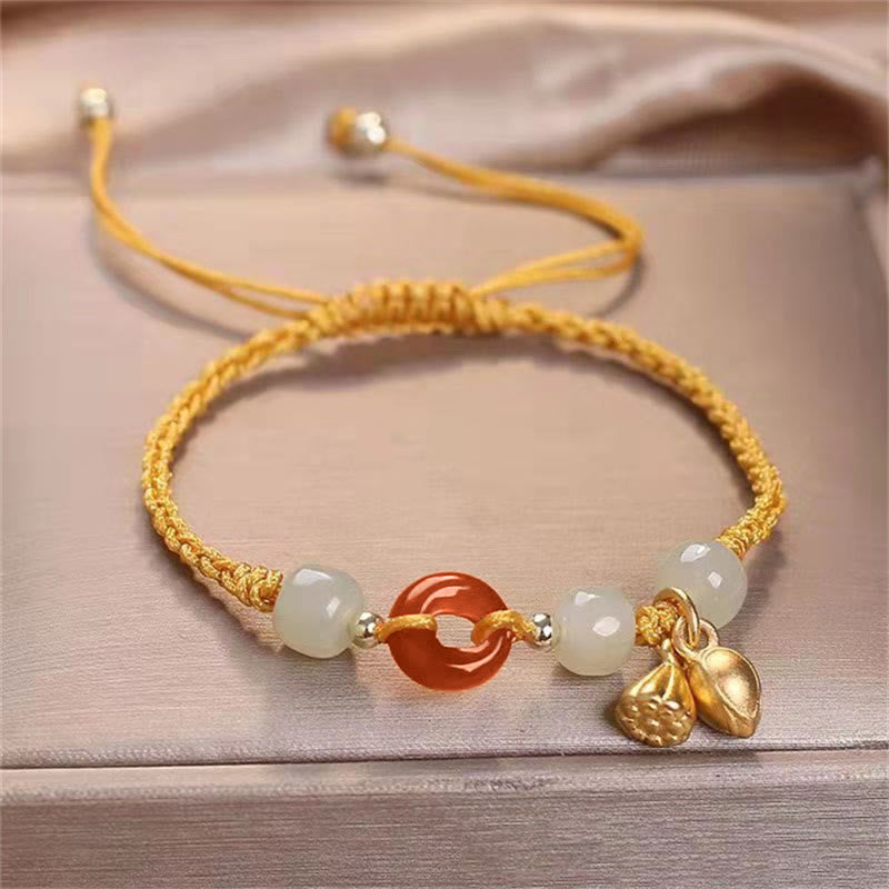 Fortune Jewel Red Agate Peace Buckle Jade Lotus Healing Braided Bracelet