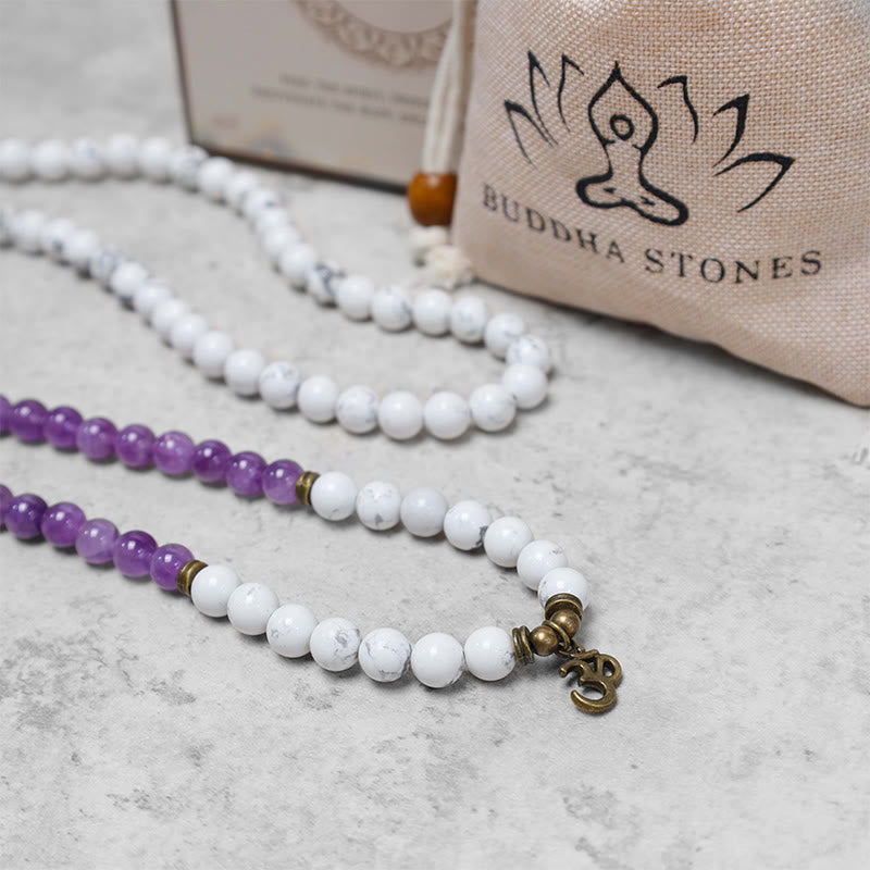 Fortune Jewel 108 Mala Beads Amethyst White Turquoise OM Healing Meditation Energy Bracelet