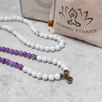 Fortune Jewel 108 Mala Beads Amethyst White Turquoise OM Healing Meditation Energy Bracelet