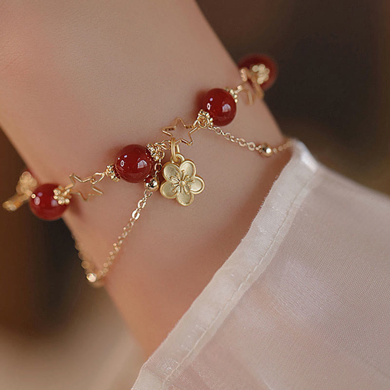 Fortune Jewel 14k Gold Plated Red Agate Star Flower Charm Calm Bracelet
