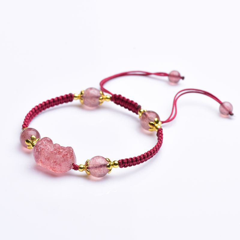 Fortune Jewel Natural Strawberry Crystal Pixiu Charm Lucky Red String Bracelet