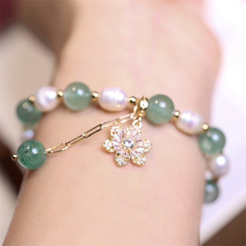 Fortune Jewel Natural Green Strawberry Quartz Pearl Flower Charm Love Bracelet