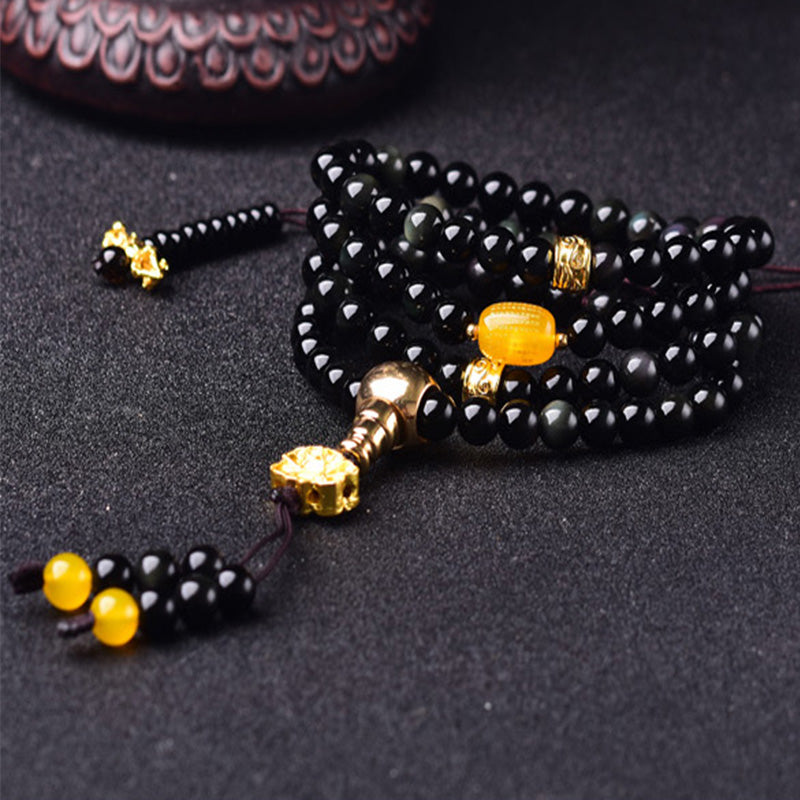Fortune Jewel 108 Beads Natural Black Obsidian Lotus Fulfilment Mala Bracelet