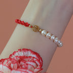Fortune Jewel 14K Gold Plated Pearl Bead Luck Protection Braid Red String Bracelet