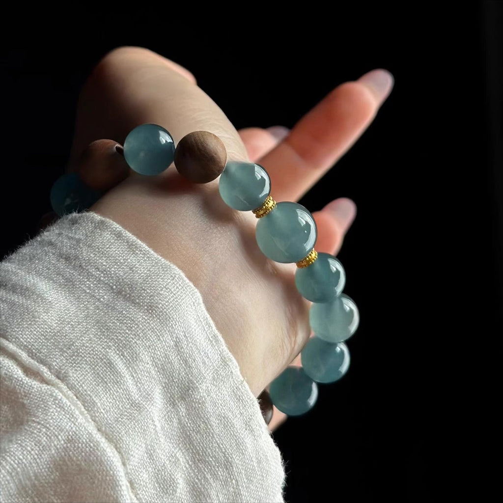 Natural Blue Water Jadeite Bracelet with 10mm Beads & Indian Old Sandalwood – Single Wrap, Unisex