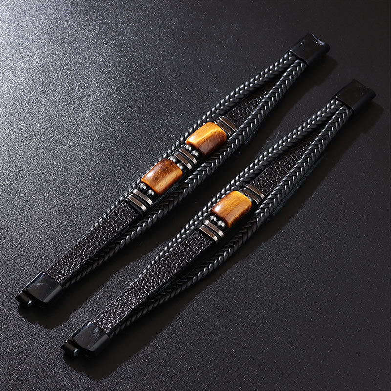 Fortune Jewel Tiger Eye Power Magnetic Buckle Multilayered Leather Bracelet
