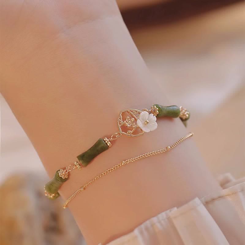 Fortune Jewel 14k Gold Plated Copper Peridot Bamboo Flower Wealth Double Layer Bracelet
