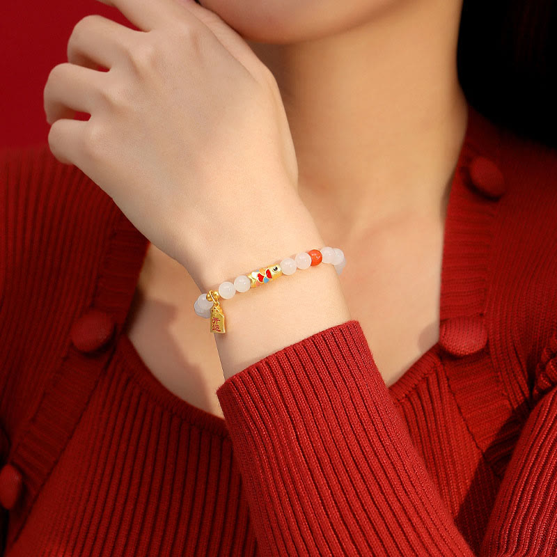 Fortune Jewel 925 Sterling Silver Hetian White Jade Red Agate Koi Fish Luck Happiness Bracelet