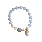 Fortune Jewel Aquamarine Pearl Peace Healing Lucky Cat Charm Bracelet