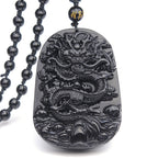 Fortune Jewel Black Obsidian Stone Dragon Fulfilment Pendant Necklace
