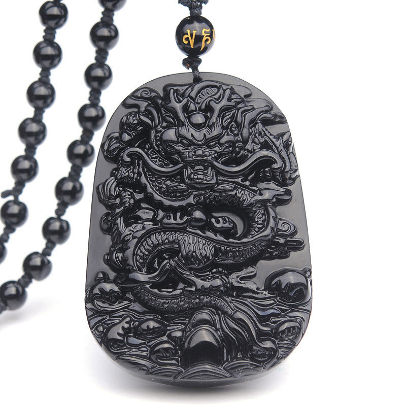 Fortune Jewel Black Obsidian Stone Dragon Fulfilment Pendant Necklace