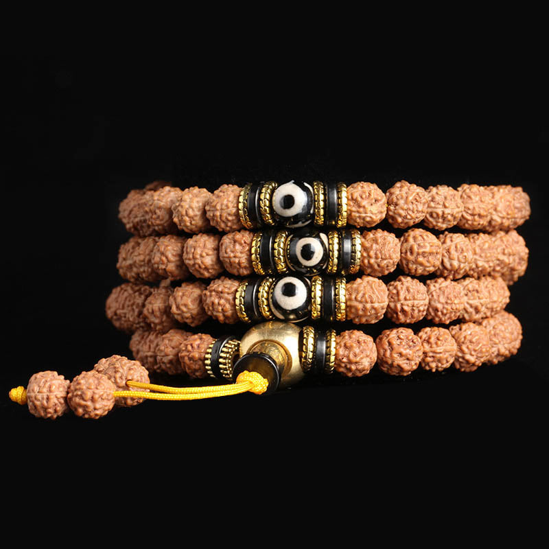 Fortune Jewel 108 Mala Beads Rudraksha Bodhi Seed Dzi Bead Luck Wealth Bracelet