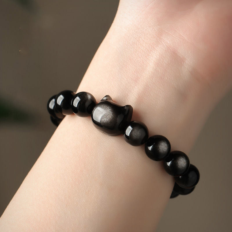 Fortune Jewel Gold Sheen Obsidian Silver Sheen Obsidian Lovely Paw Lucky Cat Protection Bracelet