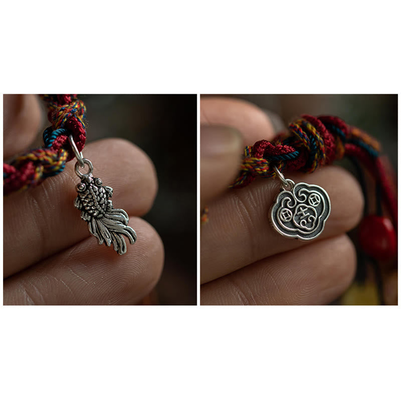 Fortune Jewel Tibetan Handmade Colorful Thread 925 Sterling Silver Koi Fish Protection Strength String Bracelet