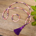 Fortune Jewel 108 Mala Beads Amethyst Rose Quartz Spiritual Healing Tassel Bracelet