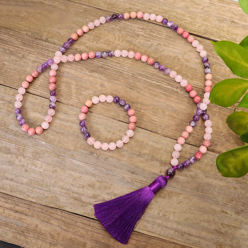 Fortune Jewel 108 Mala Beads Amethyst Rose Quartz Spiritual Healing Tassel Bracelet