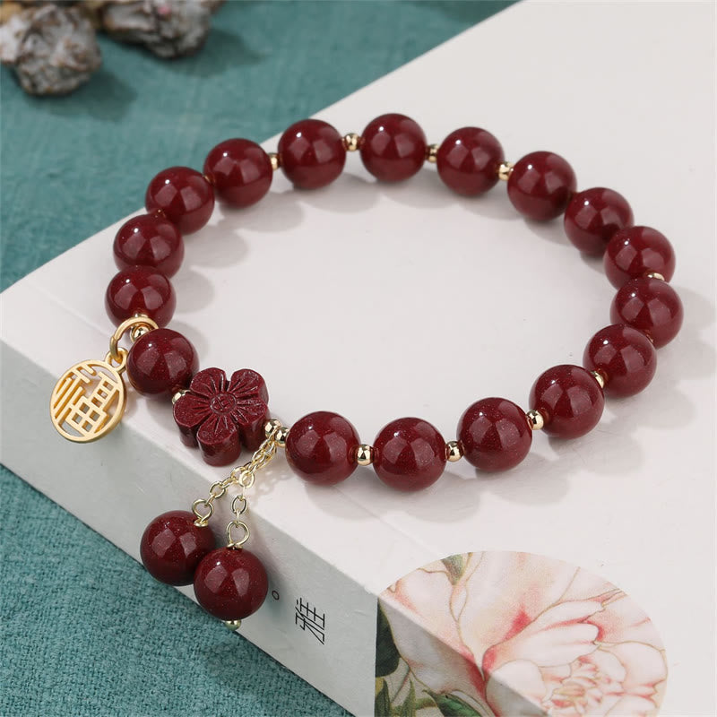 Fortune Jewel Cinnabar Fu Character Cherry Blossom Blessing Bracelet