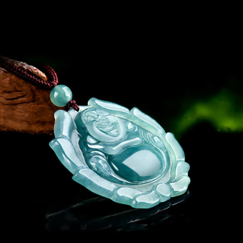 Fortune Jewel Natural Jade Laughing Buddha Lotus Pattern Luck Necklace Pendant Fortune Jewel