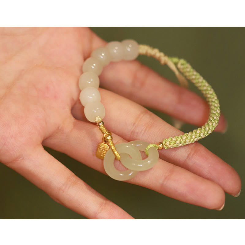 Fortune Jewel Natural Hetian Jade Bead Double Peace Buckle Fu Character Abundance Braided Bracelet