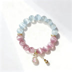 White & Pink Cat Eye Crystal Bracelet with Gourd Charm – Personalized Handmade Energy Beads