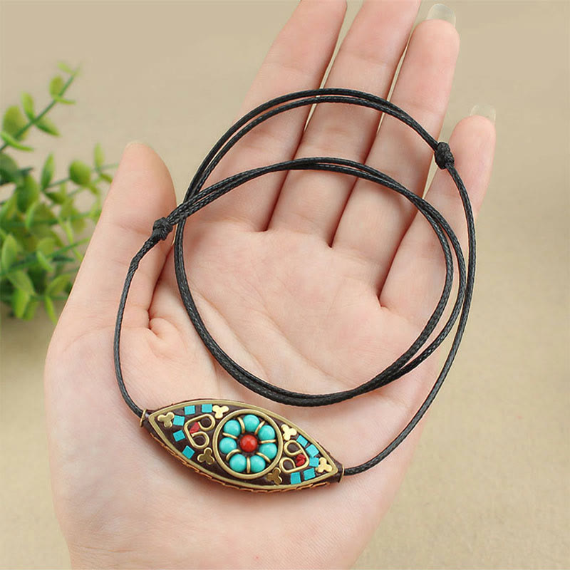 Fortune Jewel Tibet Turquoise Bead Marquise Pattern Protection Strength Necklace Pendant