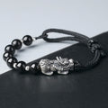 Fortune Jewel 999 Sterling Silver FengShui PiXiu Natural Black Obsidian 925 Sterling Silver Bead Strength Bracelet