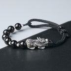 Fortune Jewel 999 Sterling Silver FengShui PiXiu Natural Black Obsidian 925 Sterling Silver Bead Strength Bracelet