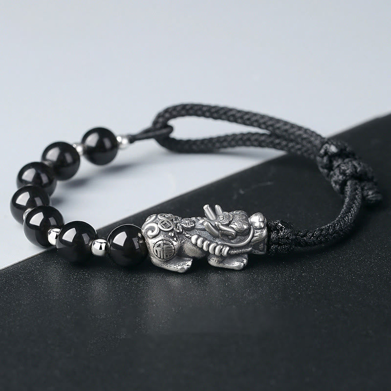Fortune Jewel 999 Sterling Silver FengShui PiXiu Natural Black Obsidian 925 Sterling Silver Bead Strength Bracelet