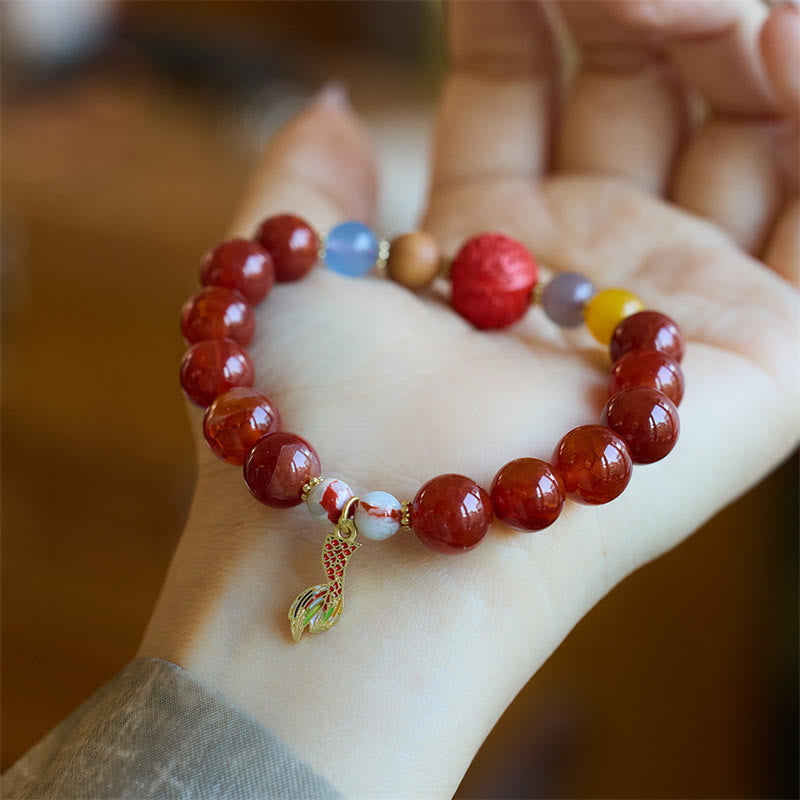 Fortune Jewel Natural Red Agate Peace Talisman Fu Character Dragon Tail Confidence Charm Bracelet