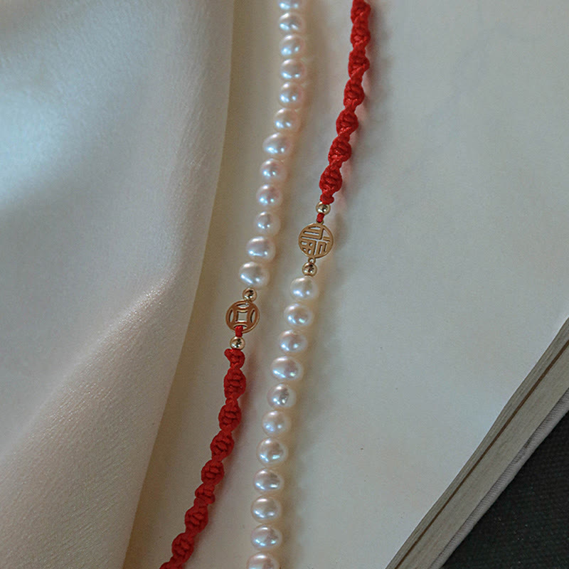 Fortune Jewel 14K Gold Plated Pearl Bead Luck Protection Braid Red String Bracelet