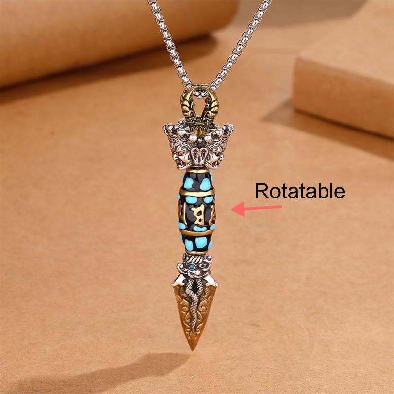 Fortune Jewel Tibet Om Mani Padme Hum Dzi Bead Dorje Vajra Pattern Wealth Rotatable Necklace Pendant