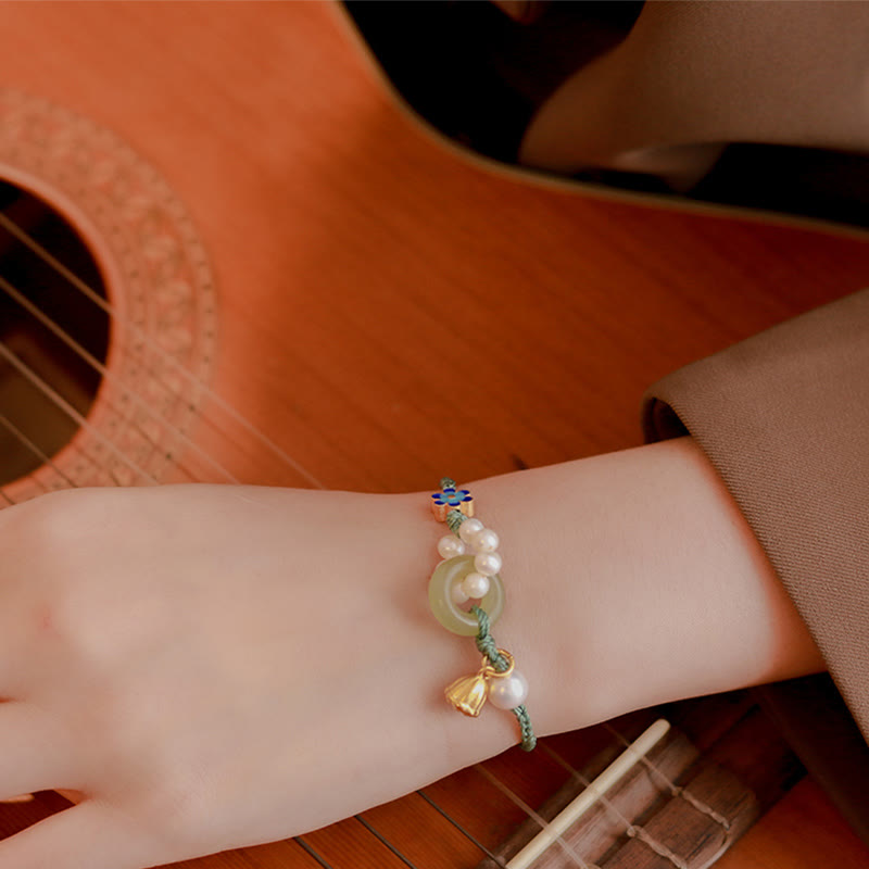 Fortune Jewel Natural Hetian Jade Peace Buckle Pearl Luck Handcrafted Braided Bracelet