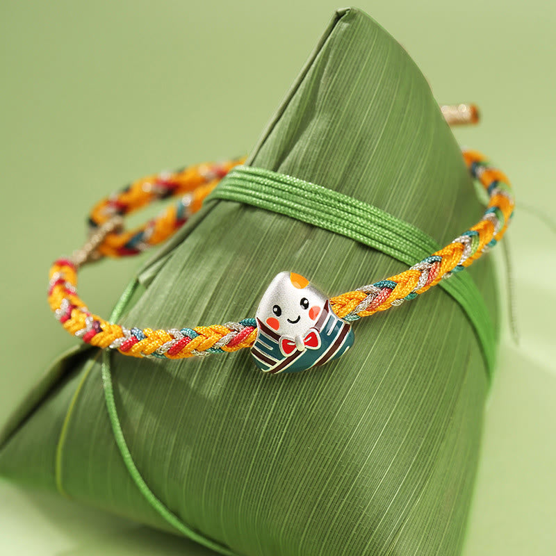 Fortune Jewel 925 Sterling Silver Dragon Boat Festival Zongzi Pattern Luck Handmade Multicolored Rope Child Adult Bracelet