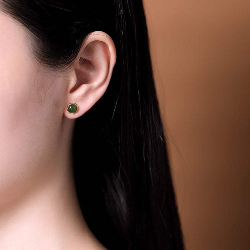 Fortune Jewel 925 Sterling Silver Plated Gold Natural Hetian Cyan Jade Bead Luck Stud Earrings