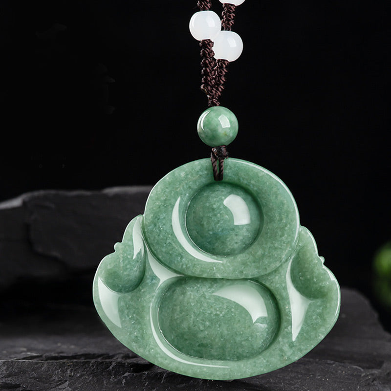 Buddha Stones Laughing Buddha Cyan Jade Harmony Necklace String Bead Pendant Fortune Jewel