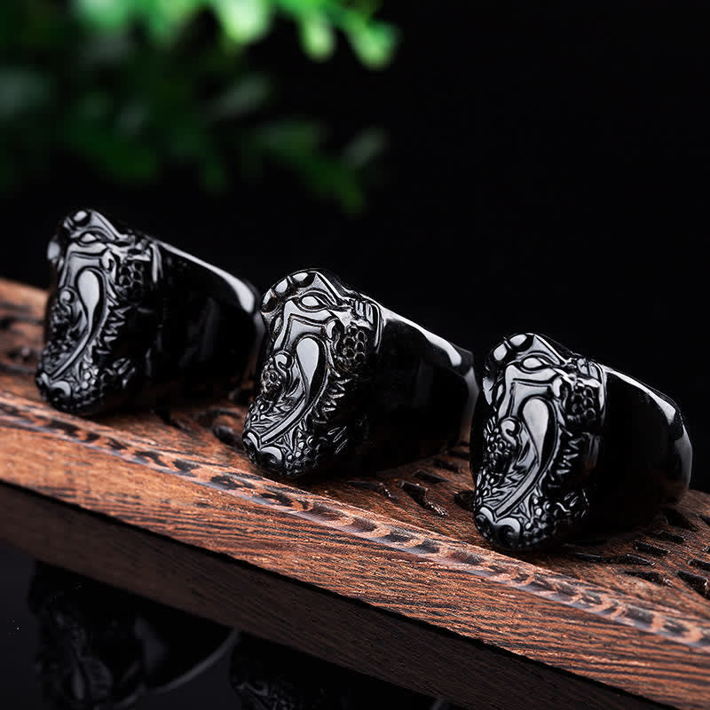 Fortune Jewel FengShui PiXiu Black Obsidian Strength Ring