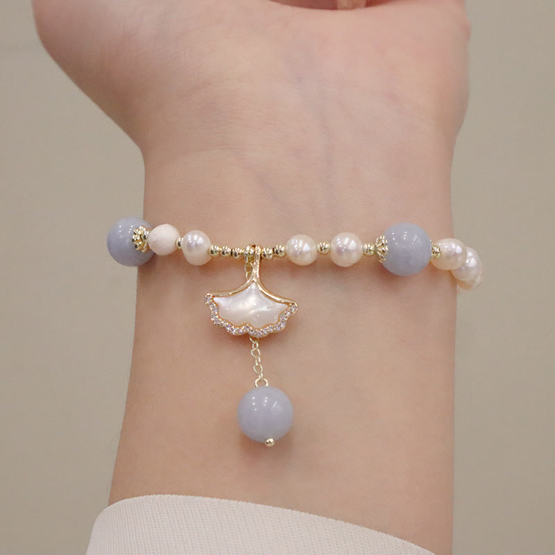 Fortune Jewel Natural Aquamarine Pearl Healing Ginkgo Leaf Butterfly Charm Bracelet