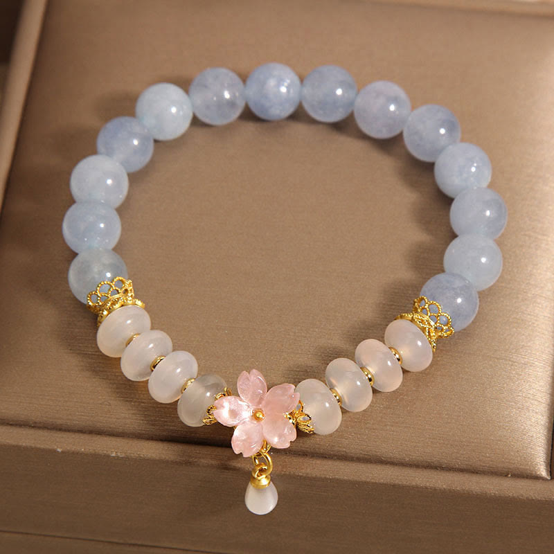 Fortune Jewel Aquamarine White Agate Pearl Abacus Beads Flower Healing Bracelet