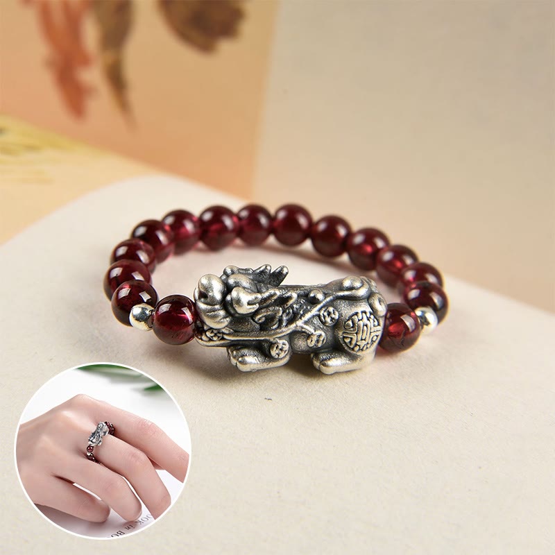 Fortune Jewel 925 Sterling Silver Natural Garnet Moonstone Red Agate PiXiu Wealth Ring